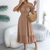 Women's Fashionable Casual Color Off Shoulder Black Fungus Edge Short Sleeved Pleated Waist Dress
