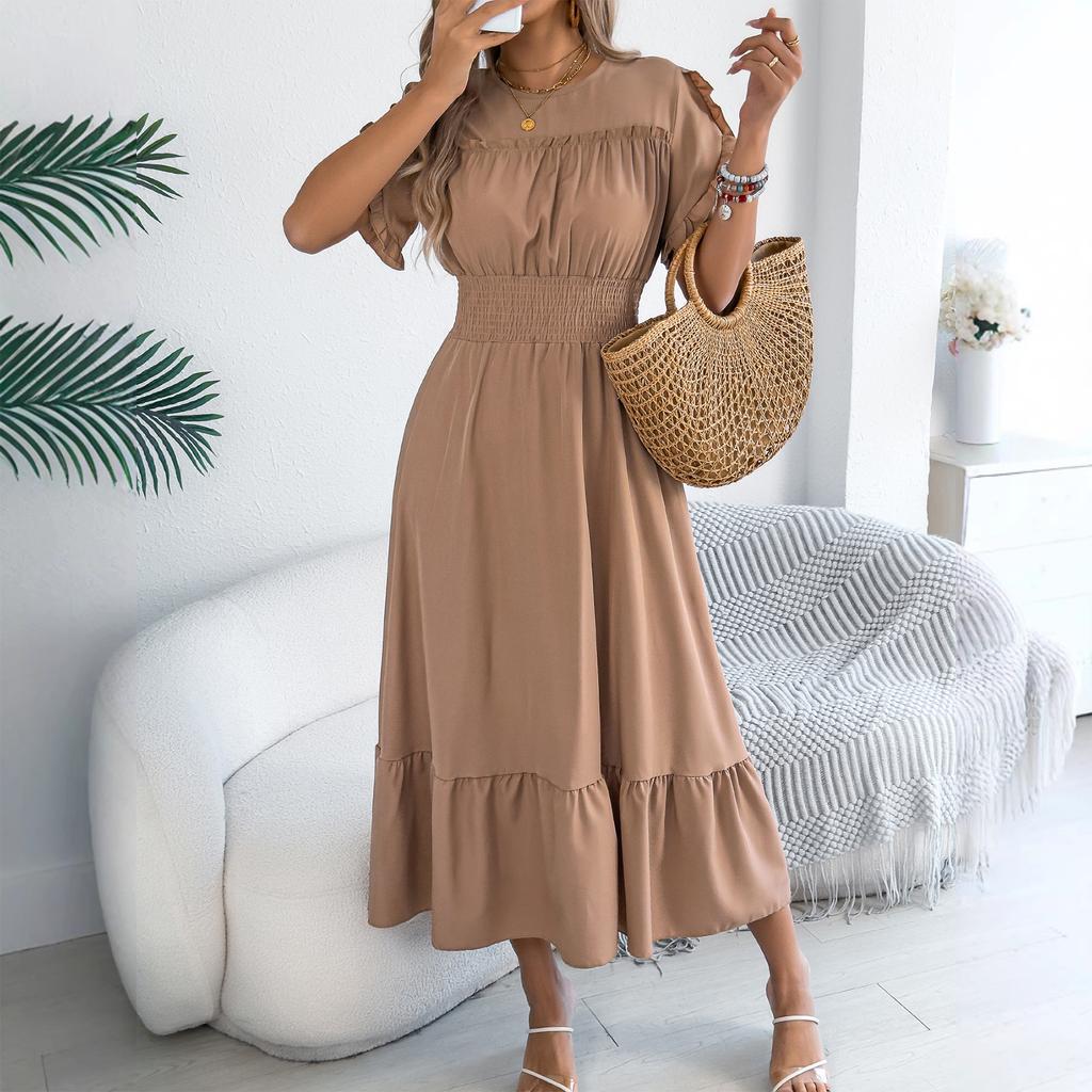 Women's Fashionable Casual Color Off Shoulder Black Fungus Edge Short Sleeved Pleated Waist Dress