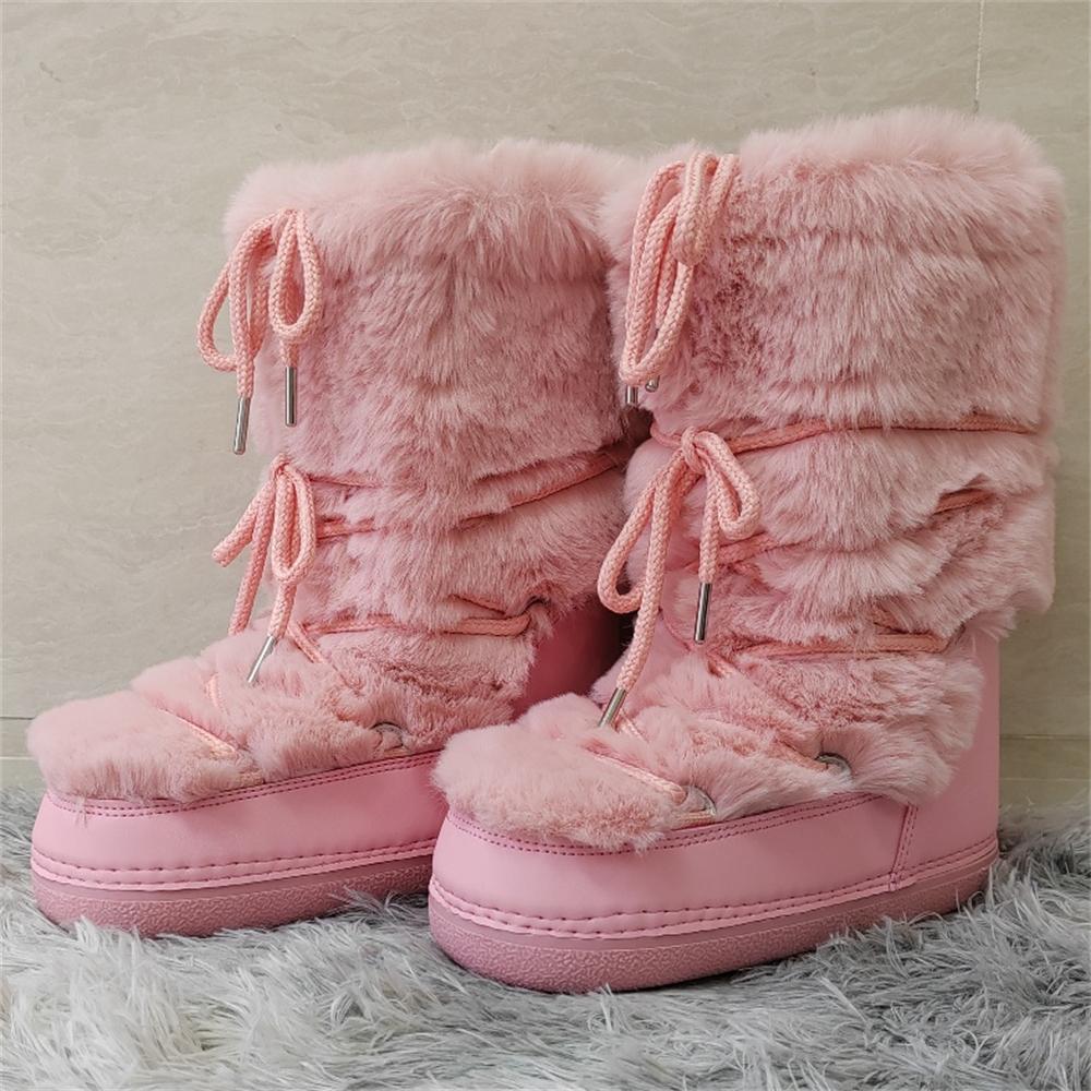 Faux Fur Boots for Women Warm Comfortable Woman Ski Boots  Winter Middle Claf Lace-up Waterproof Platform Snow Boots Black