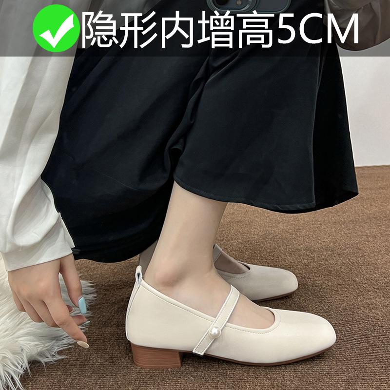 Grandma Shoes Soft Sole Spring and Autumn New Shallow Thick Heel Single Shoes Inner Height Increase 5CM Single Shoes Small Size 3233