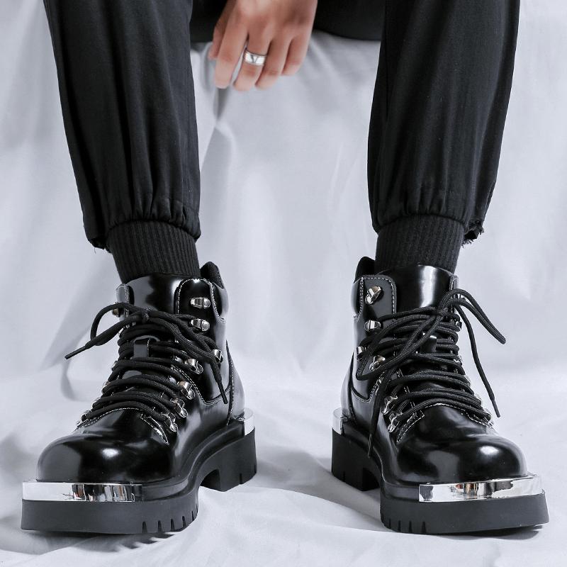 Botines de Tobillo para Hombre de Cuero Genuino Italiano Moda Suela Gruesa Diseñadores de Lujo Bota Corta Antideslizante con Cordones para Exterior Punta Redonda