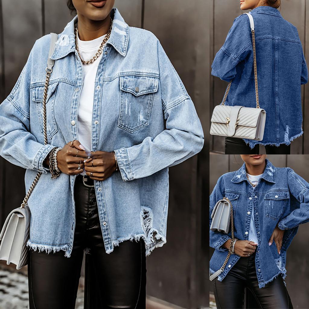 Damen Herbst und Winter Freizeitmode Lose Langarm Waschen Denim Mantel