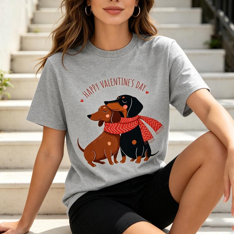 Valentine Dachshund Couple Tee Unisex Happy Valentines Day Heart Dog Casual Short Sleeve Shirt Y2k Top Harajuku