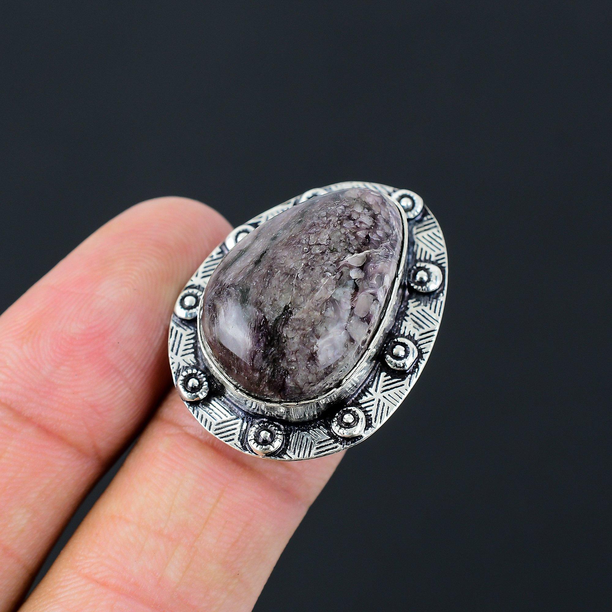 Daughters Day Deal Pear Charoite Gemstone 925 Sterling Silver Promise Ring US 8 8