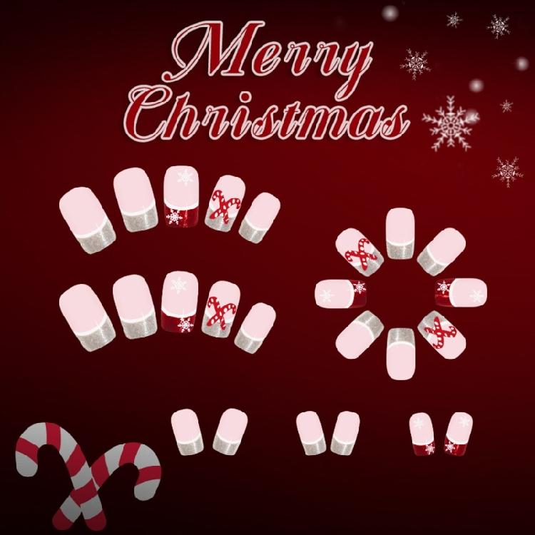 Christmas Party Glittering Fake Nail Short Oval French Styles Snowflake Cane Pattern Easily Wear