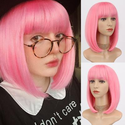 Parrucca Cosplay da Donna Rosa Bob Corto Liscio con Frangia Fibra Sintetica Uso Quotidiano Cosplay Parrucca Rosa Lunghezza Spalla