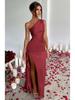 2025 One-Shoulder Ruffled Slit Satin Dress - Sexy European and American Summer Style.