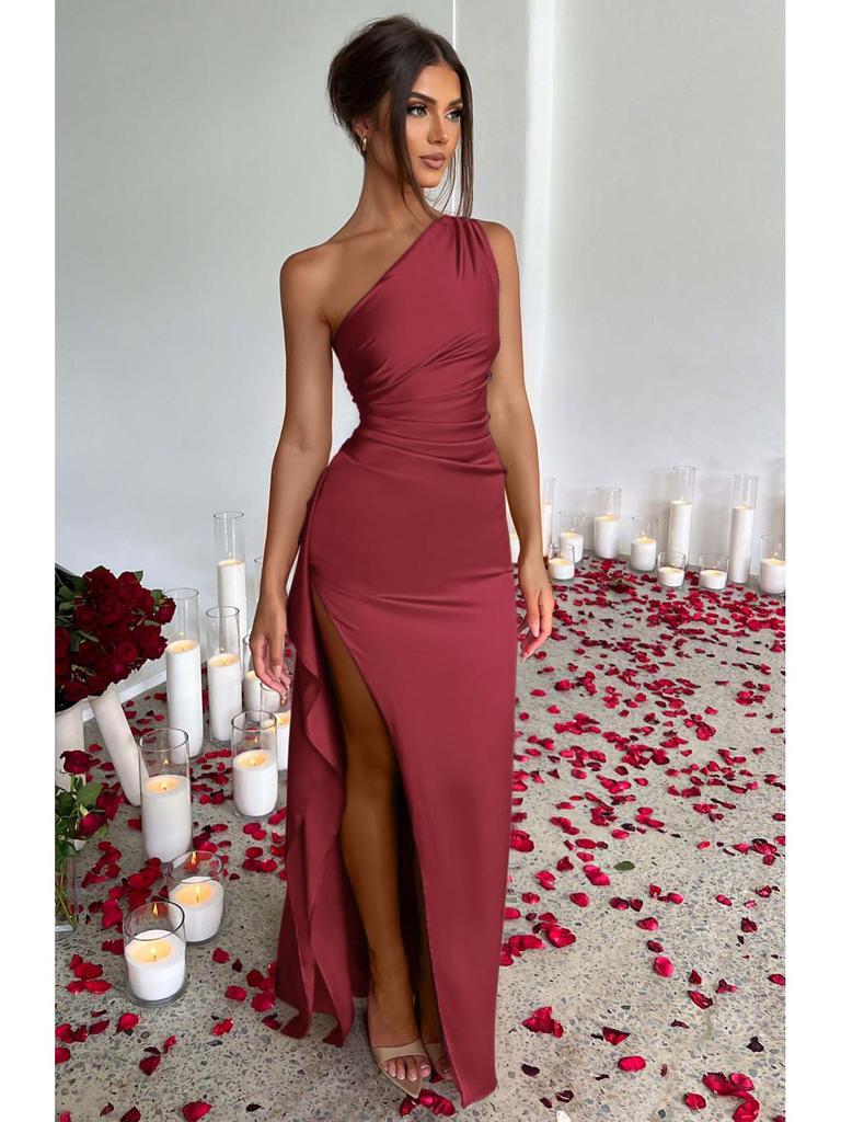 2025 One-Shoulder Ruffled Slit Satin Dress - Sexy European and American Summer Style.