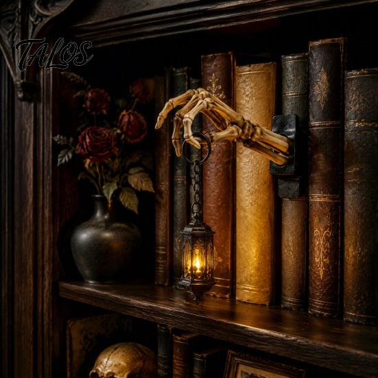 Dark Academia Home Accents Skeleton Hand Lantern Shelf Light, Warm LED Library Nightlight, Gothic Wireless Table Lamp Decorative Mini Bookshelf