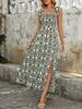 Summer 2026 Ethnic Style Spaghetti Strap Printed Backless Dress - Women's European & American Slit Waist-Cinching Dress