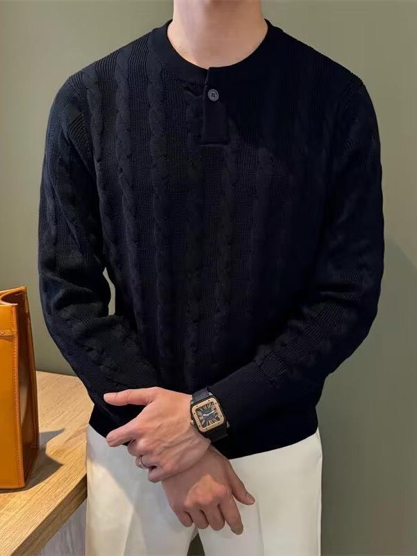 Men s Trendy White Henley Collar Knitwear: Thick Cable Knit Long Sleeve for Autumn/Winter XL
