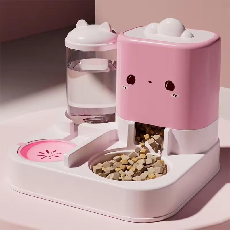 Cute Smiling Cat Automatic Feeder And Water Dispenser Dual Use Pet Feeding Organizer Food Water Bowl For Cats And Small Dogs