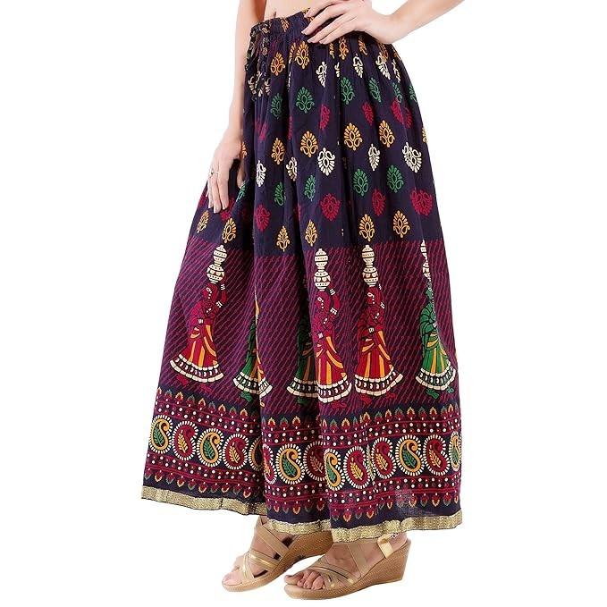 Cotton Blend Mid Rised Block Printed Skirt Women's Casual Wear Ethnic Skirt