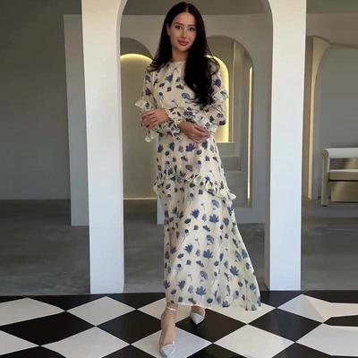 European and American Women's Floral Ruffle Dress - New Gentle Style Long Sleeve Round Neck