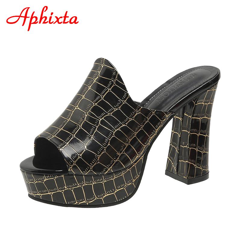 Aphixta 10.5cm Square Heels Platform Slides Women Mules Design Peep Toe Slippers Sandals Summer Cool Shoes Female Big Size 41