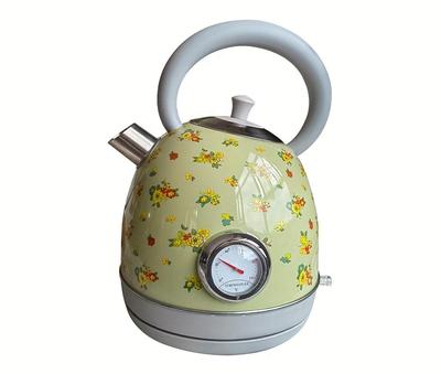 Chaleira Elétrica Pintada com Flores com Termômetro Instrumental Vintage, 1850W SUS304 LED 1.8L desligamento automático e proteção contra fervura a seco