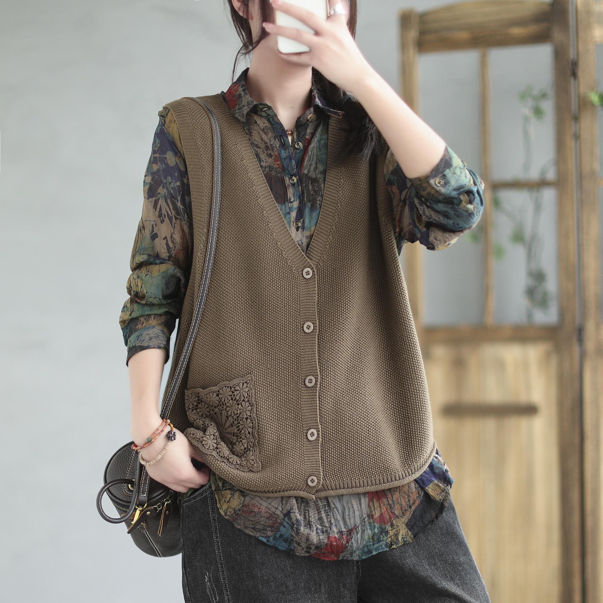 

Вязаный жилет, женский кардиган с v-образным вырезом, художественный свободный и универсальный однотонный жилет без рукавов с полым карманом One Size светло-коричневого