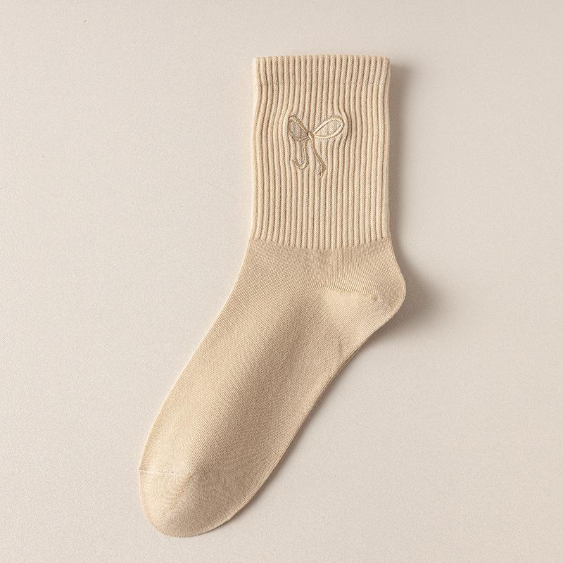 Bowknot Socks, Women's Mid-calf Socks, Solid Color Cotton Socks for Autumn and Winter, Ballet-style Sweat-absorbing and Odor-proof Women's Socks