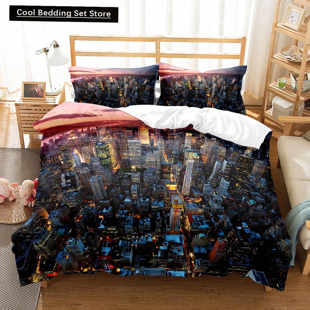 Comforter Cityscapes King Queen Tall Buildings Landscape Bedding Set Busy Traffic View Polyester Comforter