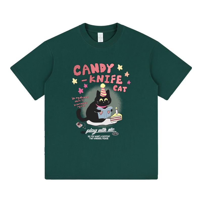 Dopamine Women's Pink Japanese Design Black Kitten Cartoon Tee - Pure Cotton, Short Sleeve