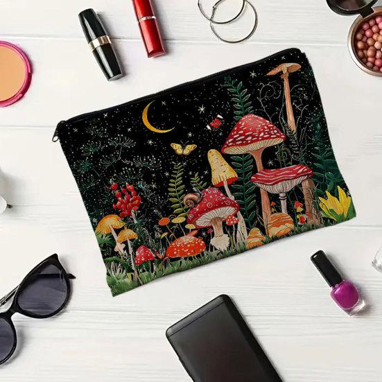 Storage Bag, with Mushroom Star Moon Print, Lightweight Wear-Resistant Cosmetic Bag, for Menstrual Supplies Coin Keys