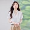 TeloMan Women's V-Neck Short-Sleeve Blouse with Tie-Neck Design