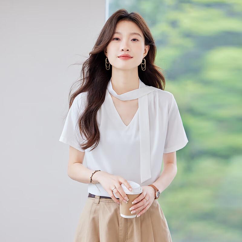 TeloMan Women's V-Neck Short-Sleeve Blouse with Tie-Neck Design