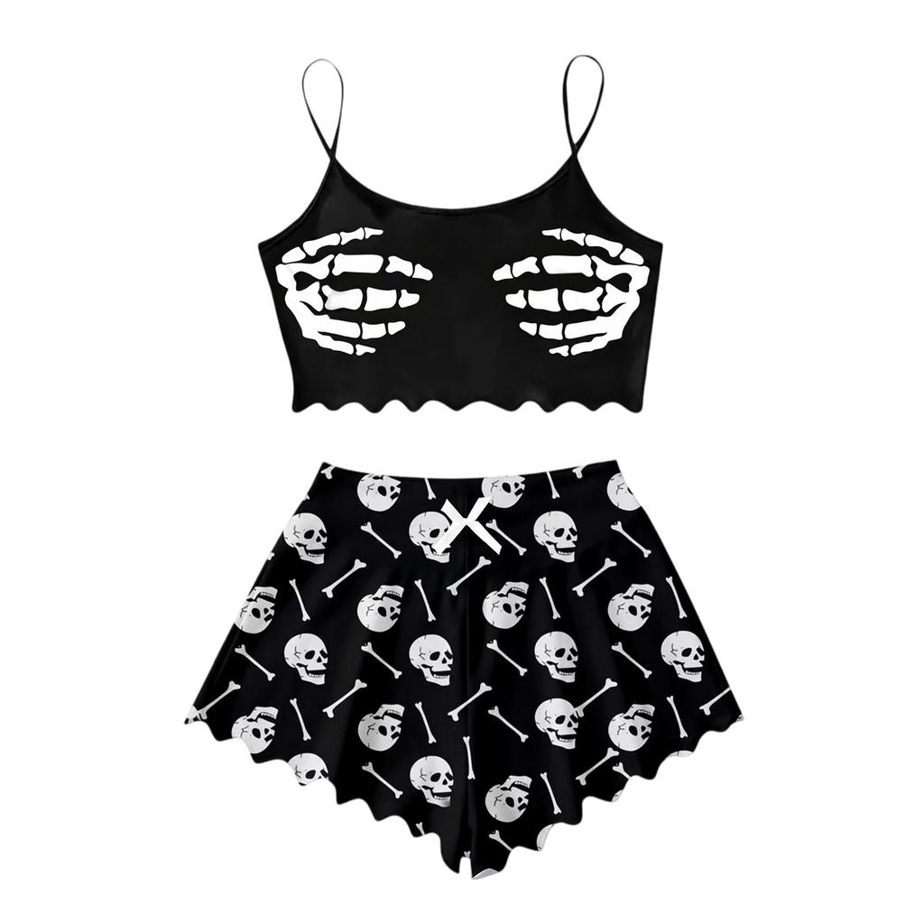 Women's Halloween Pajama Set with Vintage Floral Print Sleeveless Cami Top and Shorts Sleepwear