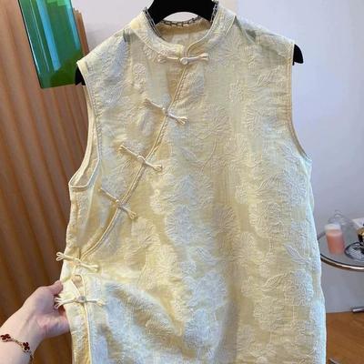 Colete de Verão Estilo Chinês Sem Mangas Elegante Estampado Moda Top