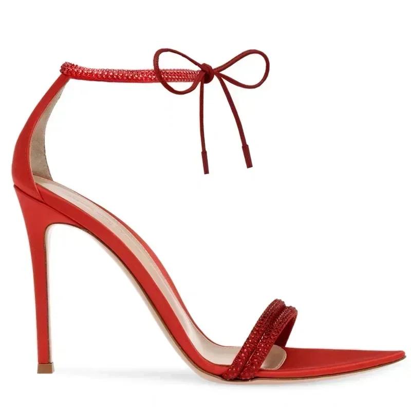 Fashion New Elegant Women Sandals Summer 2025 Sexy Pointed Toe Ankle Strap Thin High Heels Luxury Rhinestone Designer Banquet Party Shoe