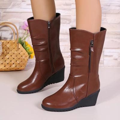 Fashion Ladies Shoes 2024 Hot Sale Side Zipper Women's Boots Fashion Round Toe Modern Boots Women Winter Plus Size Wedge Mid-Calf Boots