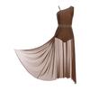 Womens Lyrical Dance Dress Glittery Rhinestones Asymmetrical Shoulder Sleeveless Split Sheer Mesh Performance Gown