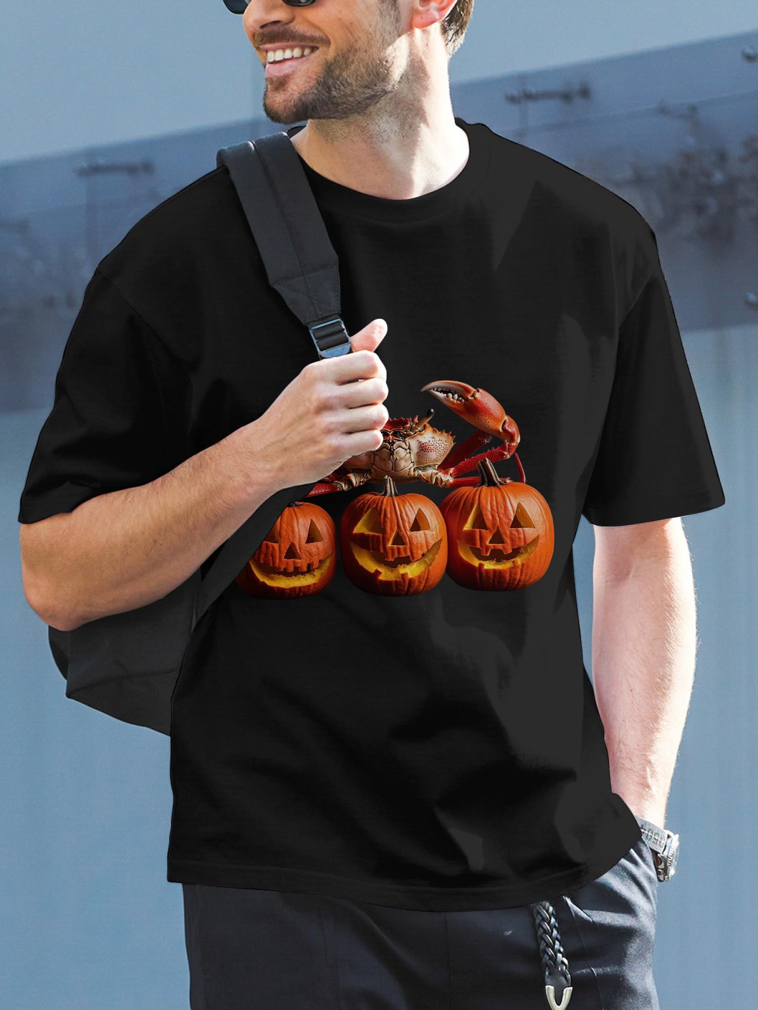 

1pc Halloween Crab & Pumpkins Graphic T-shirt - 180g Cotton Crew Neck Short Sleeve S
