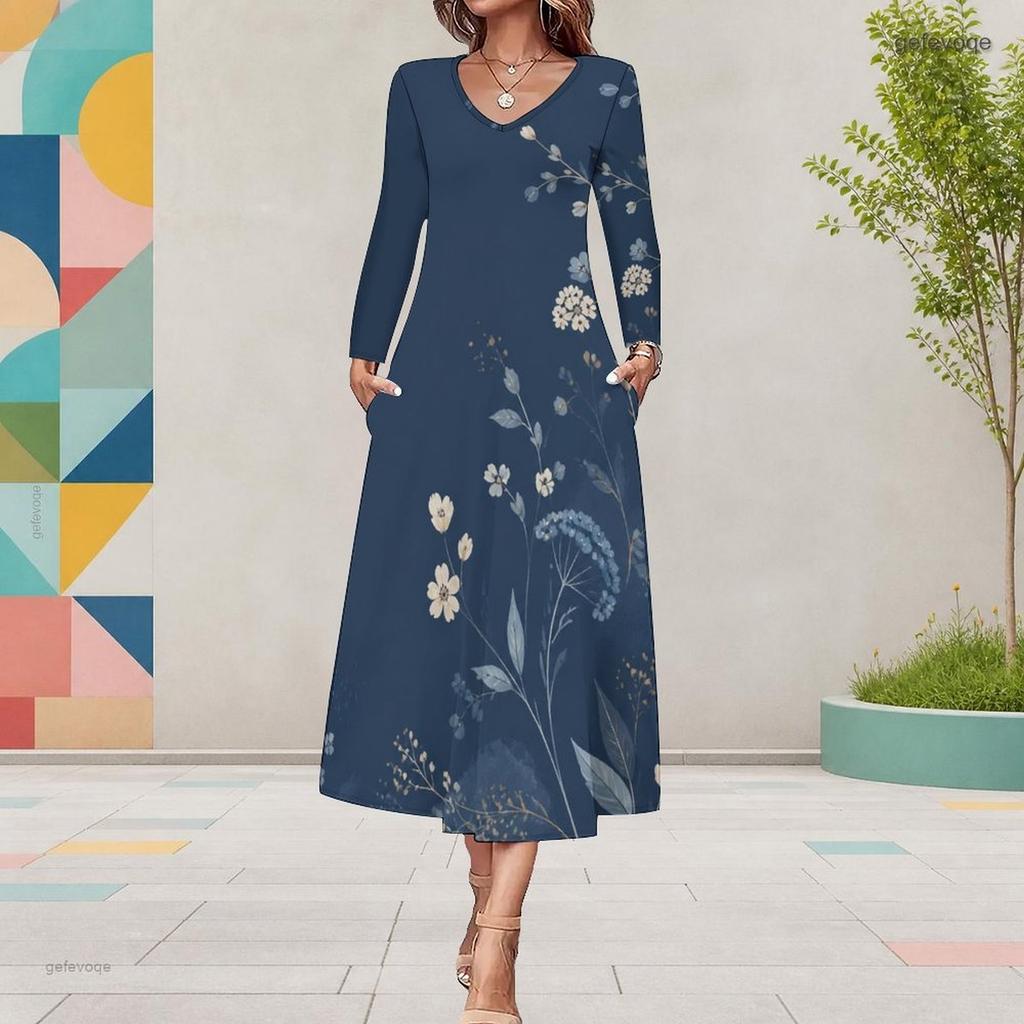 Women Plus Size Round Neck Long Sleeve Floral Printed A Line Midi Dress With Pockets