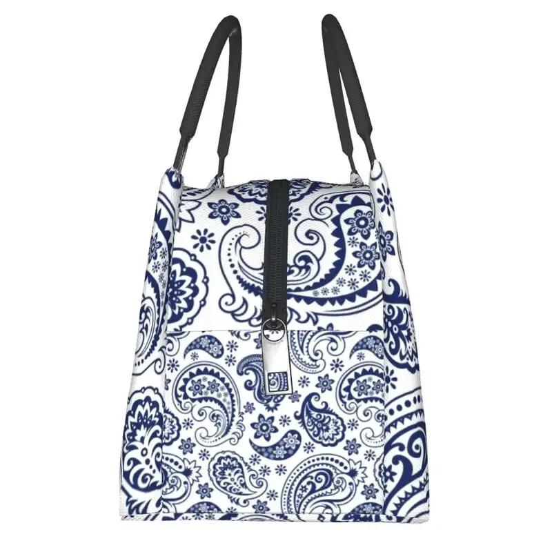 Niebiesko-biała izolowana torba na lunch w stylu vintage paisley dla kobiet, szczelna, z wzorem kwiatów, chłodząca, termiczna torba na lunch