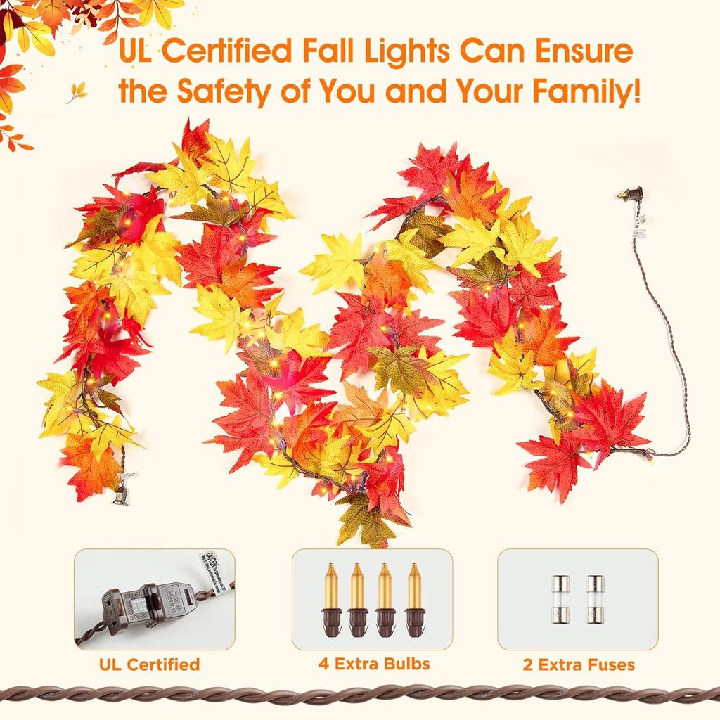 Thanksgiving Decorations for Home Large Maple Leaves 9Ft Plug in Thanksgiving Garland with Lights 50 Orange Bulbs UL Certified Connectable Fall