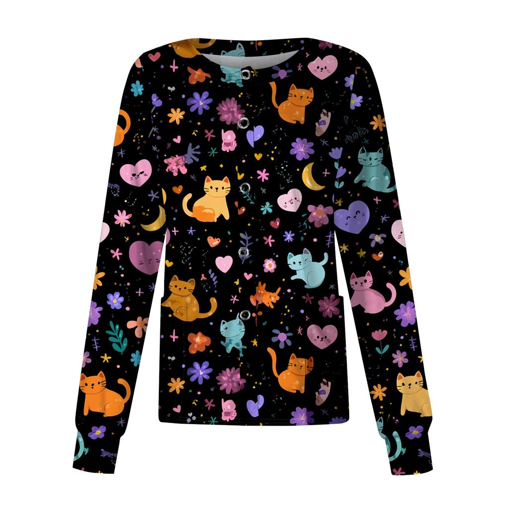 Women's Print Scrub Top - Long Sleeve Single Button Casual Uniform Top for Nurses, Caregivers, and