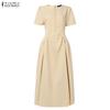 ZANZEA Women Casual Round Neck Solid Color Elegant Short Sleeve Dress
