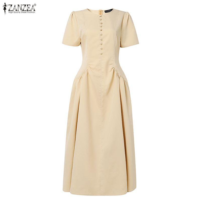 ZANZEA Women Casual Round Neck Solid Color Elegant Short Sleeve Dress