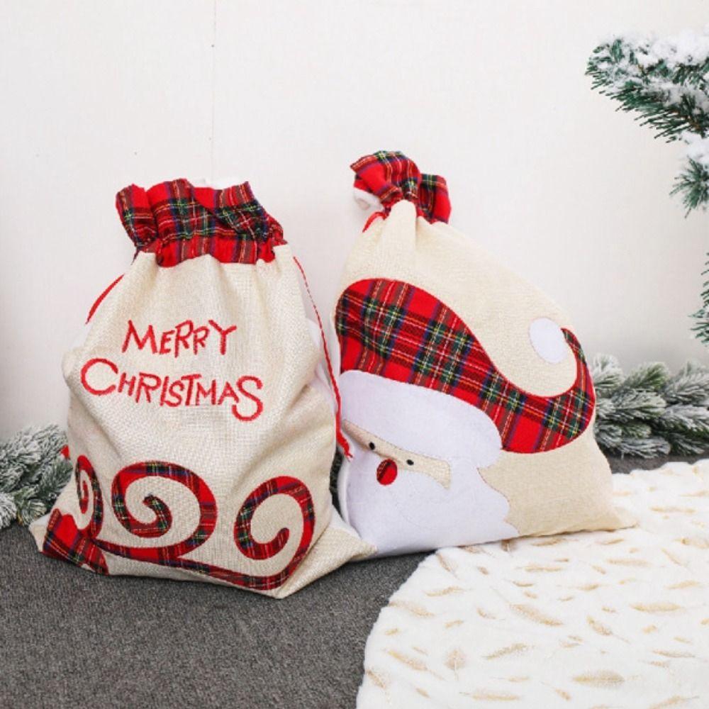 Large Christmas Gift Bag Plaid Applique Drawstring Pocket Candy Bag Christmas Handbag Xmas