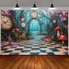 2D Alice in Wonderland Backdrop, Magical Forest Clock & Mushroom Background for Party
