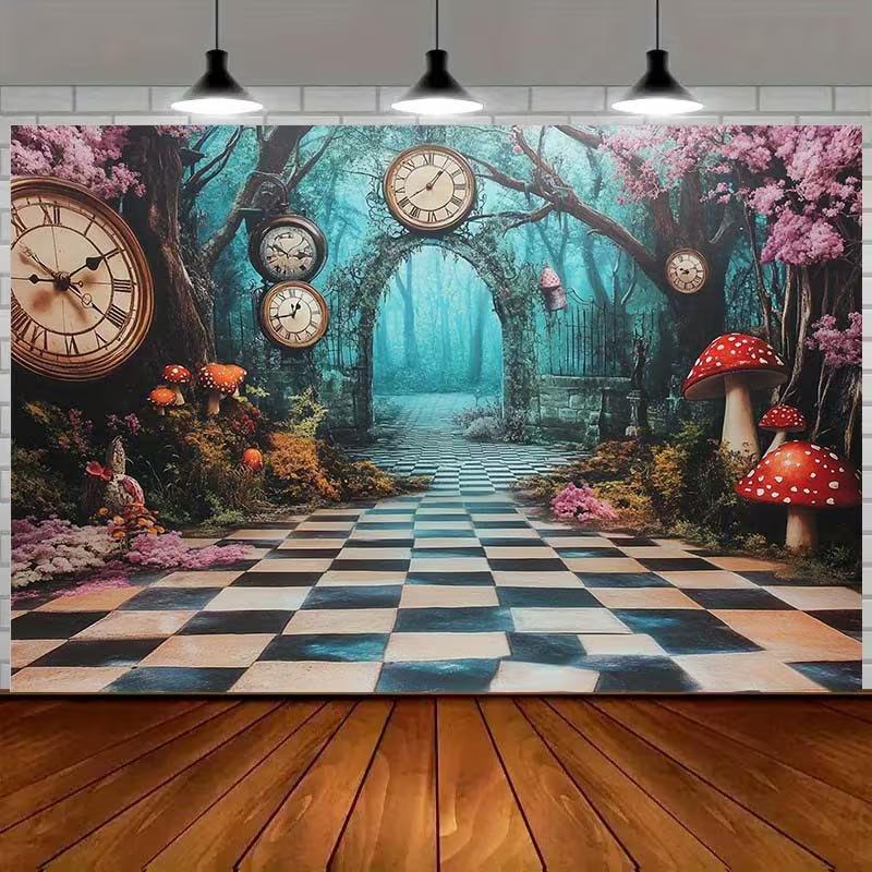 2D Alice in Wonderland Backdrop, Magical Forest Clock & Mushroom Background for Party