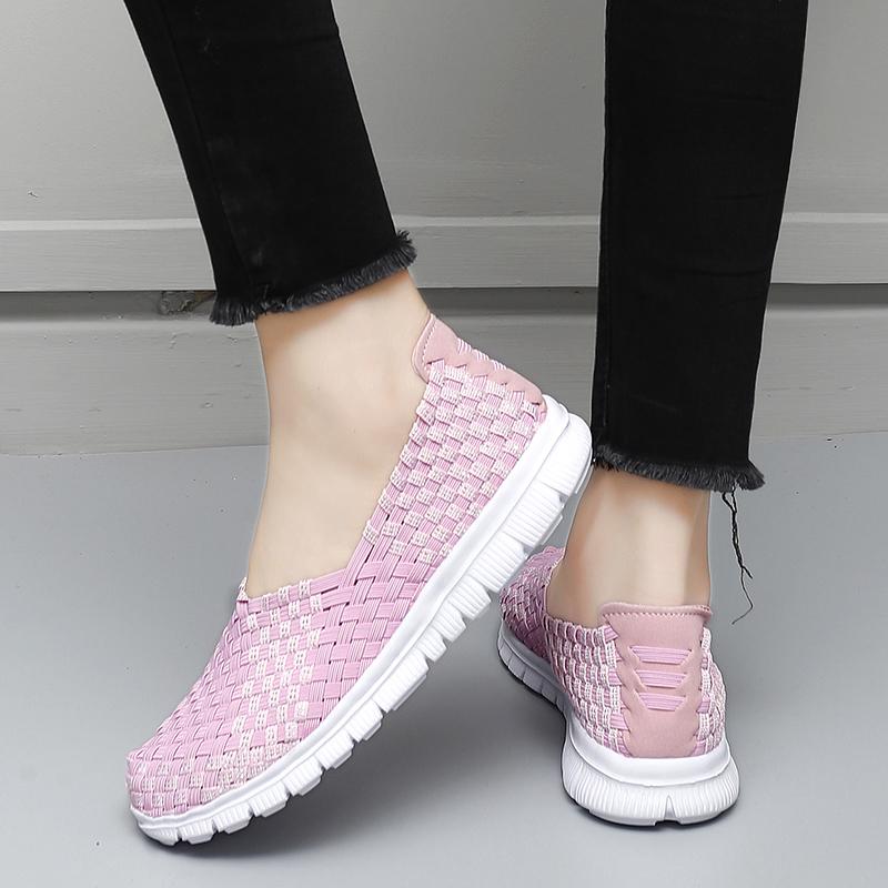 Summer Moccasin Pink Beach Walking Shoes Women Casual Weave Soft Slip On Loafers Braided Flats Sneakers