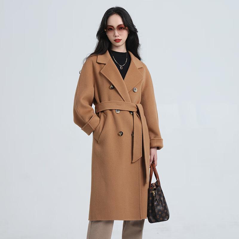 Fengxun Women's Long Double-faced Wool Coat with Belt