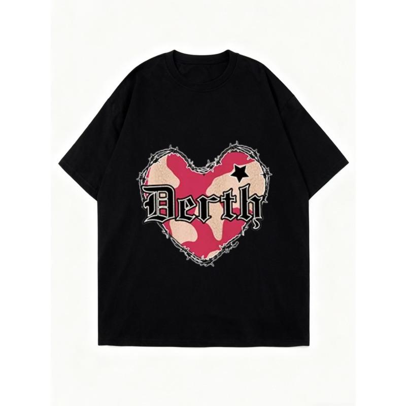 Nadměrné tričko Černé srdce Kamuflážový potisk Text Smrt Grafika Streetwear Móda Ležérní nošení