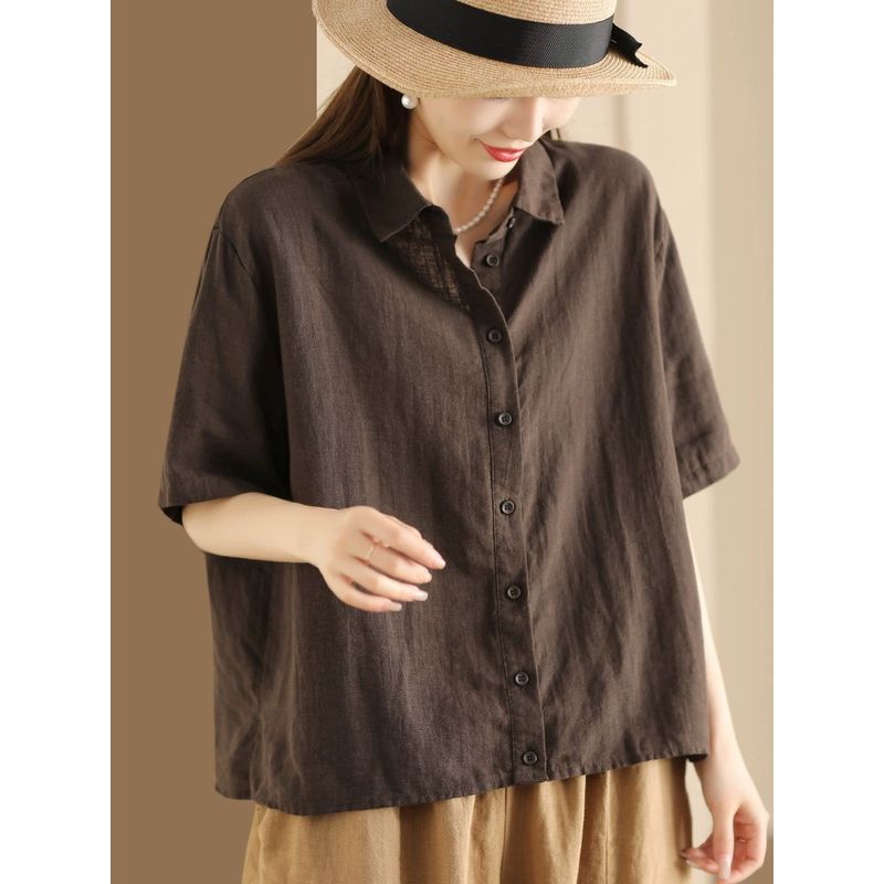 

Western Style Youthful-Looking Cotton and Linen Short-Sleeved Shirt Women s Summer Fashion Minimalist Pure Color Tops Loose Casual Linen Lapel Shirt Coffee M([47.50 kg-57.50 kg]])