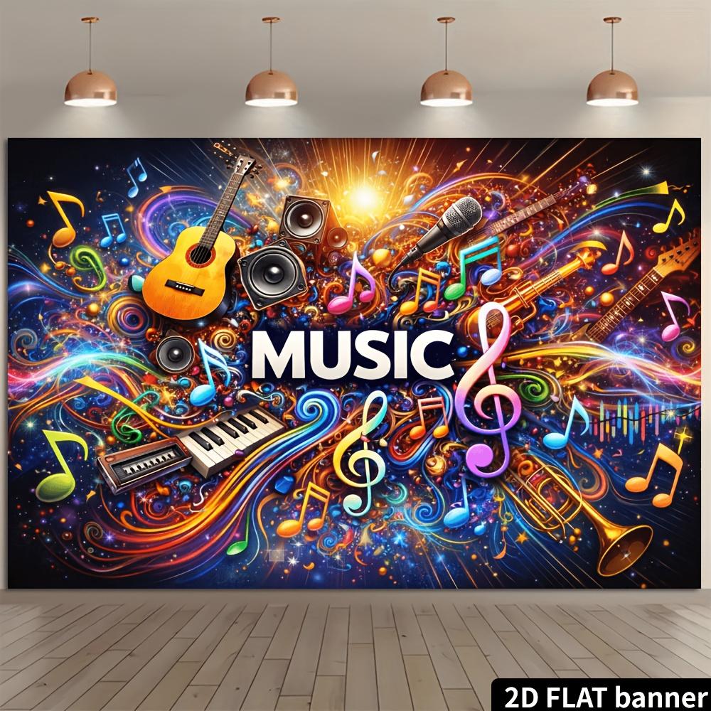 2D Colorful Music Theme Backdrop Guitar Microphone Colorful Music Notes Colorful Printed with MUSIC Durable No Power Required For Music