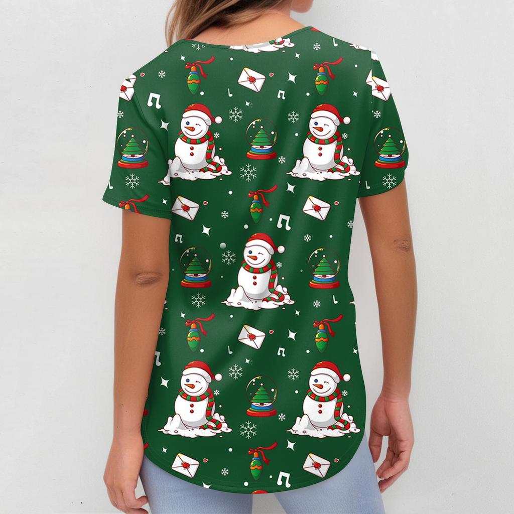 Women's Fashion Short Sleeve Christmas Print V-Neck Pocket Workwear Tops