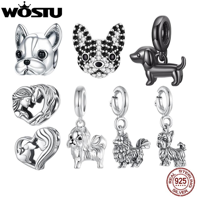 WOSTU 925 Sterling Silver Dog Charm Heart Animal Bead Black Boston Terrier Dachshund Pendant Fit DIY Bracelet Gift For Pet Lover