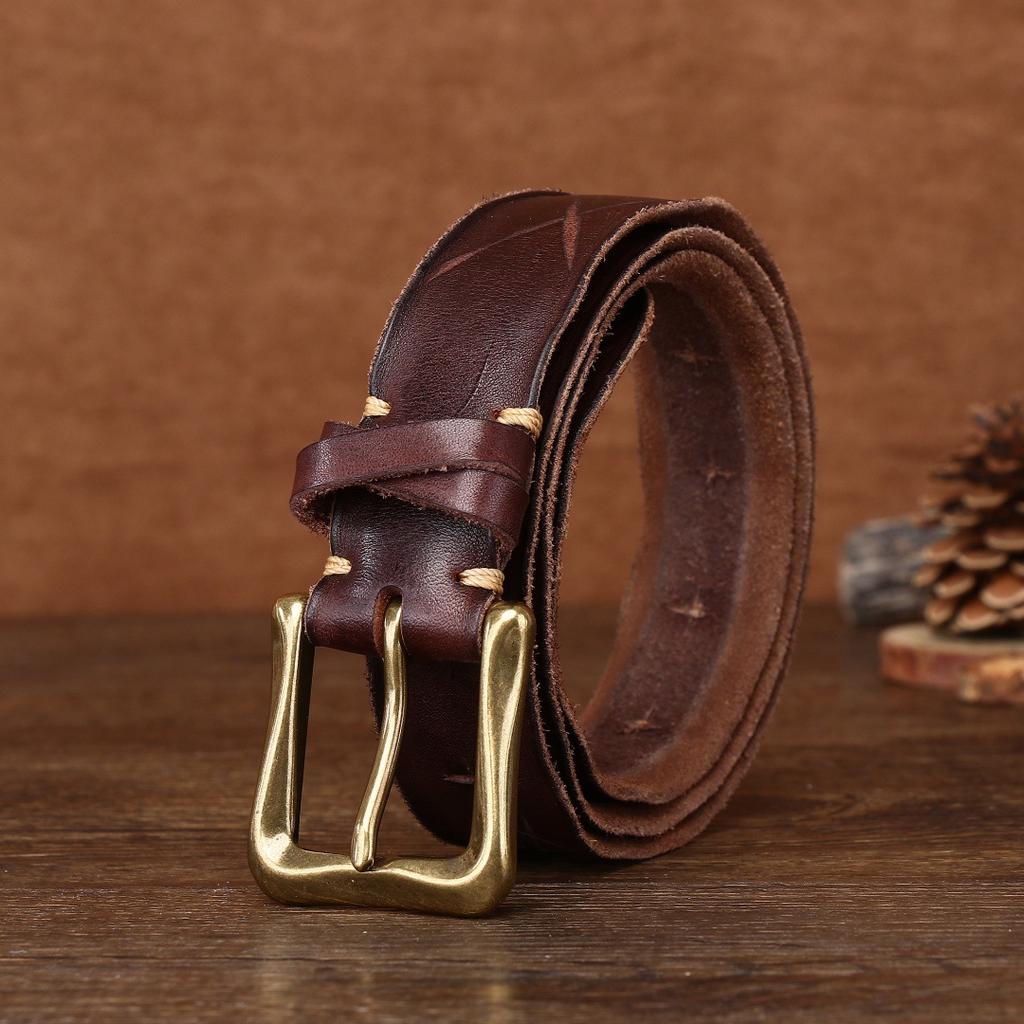 3.4Cm Genuine Leather Belt, Men And Women, The First Layer Of Cowhide Pure Copper Buckle, Retro Washing, Personalized Fashion And Simplicity,